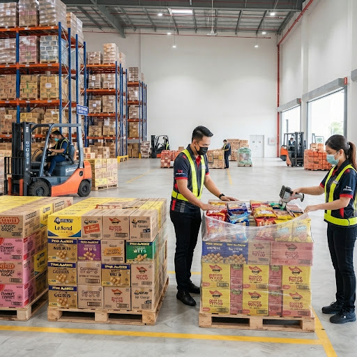 Warehouse storage with packed goods on pallets